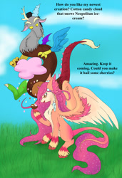 Size: 822x1200 | Tagged: safe, artist:emilou1985, imported from derpibooru, discord, oc, pegasus, pony, cloud, cotton candy, cotton candy cloud, food