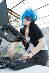 Size: 907x1361 | Tagged: safe, artist:norikat, imported from derpibooru, dj pon-3, vinyl scratch, human, clothes, computer, cosplay, costume, disc jockey, irl, irl human, laptop computer, photo, solo, traktor