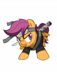 Size: 1883x2518 | Tagged: safe, artist:groudus, imported from derpibooru, scootaloo, pegasus, female, ninja, solo, sword, weapon