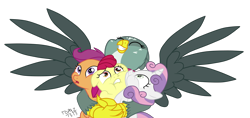 Size: 3594x1694 | Tagged: safe, artist:topaz7373, imported from derpibooru, apple bloom, gabby, scootaloo, sweetie belle, griffon, cutie mark crusaders, happy, hug, simple background, transparent background