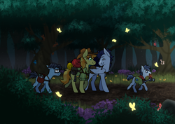 Size: 3541x2508 | Tagged: safe, artist:sinclair2013, imported from derpibooru, braeburn, shady daze, soarin', splash panel, bird, butterfly, pony, squirrel, adopted offspring, background pony, camera, camping, camping trip, colt, comic geek pony, commission, cute, everypony's gay for braeburn, eyes closed, family, father, father and son, flower, forest, gay, glasses, hike, looking back, magical gay spawn, male, mushroom, nerd, nudity, parent:braeburn, parent:soarin', parents:soarburn, saddle bag, scout, scout uniform, sheath, shipping, soarburn, son, story included, sweat, tree, walking