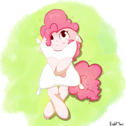 Size: 2000x2000 | Tagged: safe, artist:pinkieeighttwo, imported from derpibooru, pinkie pie, cute, diapinkes, female, floppy ears, hug, on back, pillow, solo