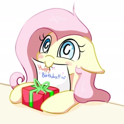 Size: 1920x1920 | Tagged: safe, artist:pinkieeighttwo, imported from derpibooru, fluttershy, pegasus, pony, birthday, blushing, cute, female, floppy ears, happy birthday, mouth hold, note, present, shyabetes, solo