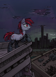 Size: 1280x1759 | Tagged: safe, artist:inlucidreverie, imported from derpibooru, oc, oc only, oc:blackjack, cyborg, pony, unicorn, fallout equestria, fallout equestria: project horizons, amputee, commission, cybernetic legs, cyberpunk, hoofington, level 2 (project horizons), night, prosthetic limb, prosthetics, ruins, skyline, skyscraper, the core