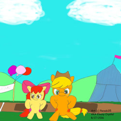 Size: 1024x1024 | Tagged: safe, artist:renaki05, deleted from derpibooru, imported from derpibooru, apple bloom, applejack, balloon, comic sans, flag, newbie artist training grounds, tent