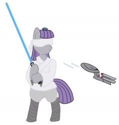 Size: 1327x1395 | Tagged: safe, artist:pony4koma, imported from derpibooru, maud pie, blindfold, clothes, crossover, enterprise d, female, laser, lightsaber, newbie artist training grounds, solo, star trek, star wars, uss enterprise, weapon