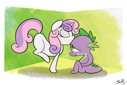 Size: 1600x1074 | Tagged: safe, artist:saranr, imported from derpibooru, spike, sweetie belle, male, shipping, spikebelle, straight