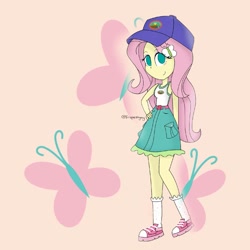 Size: 1773x1773 | Tagged: safe, artist:pinkiepie-ninjago, imported from derpibooru, fluttershy, equestria girls, legend of everfree, cap, clothes, cute, cutie mark, female, hat, pink background, pixelated, shoes, simple background, smiling, sneakers, socks, solo