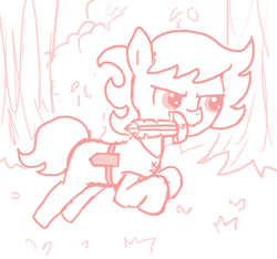 Size: 640x600 | Tagged: safe, artist:ficficponyfic, imported from derpibooru, oc, oc only, oc:ruby rouge, earth pony, pony, colt quest, bush, child, clothes, danger, female, fight, filly, foal, galloping, glare, grass, knife, monochrome, solo, story included, tomboy, tree