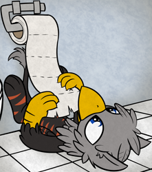 Size: 2004x2268 | Tagged: safe, artist:moemneop, imported from derpibooru, oc, oc only, oc:black lights, griffon, behaving like a cat, griffons doing cat things, solo, toilet paper