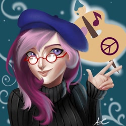 Size: 894x894 | Tagged: safe, artist:colorpaletpony, artist:colorpalette-art, imported from derpibooru, oc, oc only, oc:lannie lona, human, equestria girls, beatnik, beret, clothes, glasses, human oc, humanized, humanized oc, peace sign, solo, sweater, turtleneck