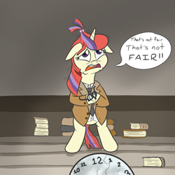 Size: 1000x1000 | Tagged: safe, artist:yakoshi, imported from derpibooru, moondancer, pony, bipedal, book, clock, crossover, dialogue, female, glasses, scene interpretation, solo, the twilight zone, time enough at last