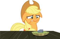 Size: 13899x9107 | Tagged: safe, artist:cyanlightning, imported from derpibooru, applejack, .svg available, absurd resolution, female, floppy ears, food, rock, rock soup, simple background, solo, soup, table, transparent background, vector