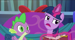 Size: 1366x726 | Tagged: safe, imported from derpibooru, screencap, spike, twilight sparkle, alicorn, pony, a hearth's warming tail, book, discovery family logo, eyeroll, faic, twilight sparkle (alicorn)