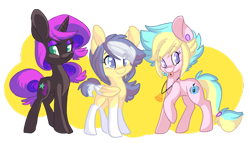 Size: 800x456 | Tagged: safe, artist:indiefoxtail, imported from derpibooru, oc, oc only, oc:harmonic rhyme, oc:midnight dream, oc:night wishes, earth pony, pegasus, pony, unicorn, tongue out