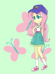 Size: 1536x2048 | Tagged: safe, artist:pinkiepie-ninjago, imported from derpibooru, fluttershy, equestria girls, legend of everfree, cap, clothes, cute, cutie mark, female, green background, hat, shoes, simple background, smiling, sneakers, socks, solo