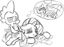 Size: 512x377 | Tagged: safe, artist:php63, imported from derpibooru, rarity, spike, dragon, pony, unicorn, beefspike, fanfic art, grayscale, male, massage, misleading thumbnail, monochrome, shipping, sketch, sparity, straight