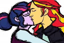 Size: 2414x1616 | Tagged: safe, imported from derpibooru, sci-twi, sunset shimmer, twilight sparkle, equestria girls, female, kissing, lesbian, scitwishimmer, shipping, sketch, sunsetsparkle