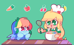 Size: 896x543 | Tagged: safe, artist:dusty-munji, imported from derpibooru, applejack, rainbow dash, human, appledash, chibi, cooking, female, humanized, lesbian, pony coloring, shipping, winged humanization