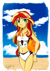 Size: 1561x2203 | Tagged: safe, artist:razamatzu, imported from derpibooru, sunset shimmer, equestria girls, beach, belly button, bikini, clothes, cutie mark, cutie mark necklace, dragon ball, female, jewelry, necklace, neon genesis evangelion, solo, swimsuit