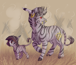 Size: 1280x1103 | Tagged: safe, artist:1an1, imported from derpibooru, oc, oc only, zebra, :o, cute, ear piercing, earring, feather, foal, grass, headband, hut, jewelry, lidded eyes, looking back, piercing, raised hoof, red eyes, scar, smiling