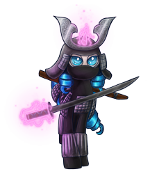 Size: 950x1100 | Tagged: safe, artist:theomegaridley, imported from derpibooru, oc, oc only, oc:opuscule antiquity, pony, unicorn, armor, clothes, female, helmet, katana, magic, mare, samurai, simple background, solo, sword, transparent background, weapon