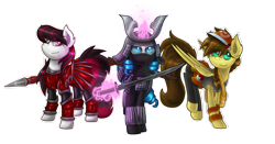 Size: 2223x1165 | Tagged: safe, artist:theomegaridley, imported from derpibooru, oc, oc only, oc:electra sparks, oc:nemsee, oc:opuscule antiquity, earth pony, pegasus, pony, unicorn, blood knight, clothes, female, katana, mare, pokémon, samurai, spear, sword, warhammer (game), warhammer fantasy, weapon