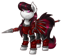 Size: 1000x900 | Tagged: safe, artist:theomegaridley, imported from derpibooru, oc, oc only, oc:electra sparks, earth pony, pony, armor, blood knight, female, mare, solo, spear, warhammer (game), warhammer fantasy, weapon