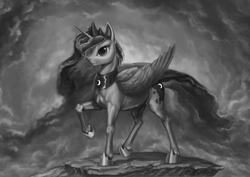 Size: 3508x2480 | Tagged: safe, artist:bra1neater, imported from derpibooru, princess luna, cloud, epic, female, grayscale, monochrome, raised hoof, smiling, solo