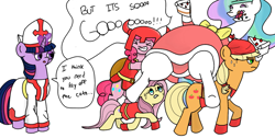 Size: 1260x633 | Tagged: safe, artist:idylex, imported from derpibooru, applejack, fluttershy, pinkie pie, princess celestia, twilight sparkle, cake, cakelestia, carrying, chubbylestia, fat, fat princess, food, pope, warrior