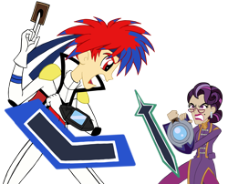 Size: 2662x2154 | Tagged: safe, artist:edcom02, artist:jmkplover, imported from derpibooru, principal abacus cinch, oc, oc:roy starfall, equestria girls, crossover, duel, duel disk, simple background, transparent background, yu-gi-oh!, yu-gi-oh! arc-v