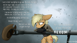 Size: 3200x1800 | Tagged: safe, artist:dangercloseart, imported from derpibooru, applejack, cannon, clothes, crossover, female, fury (movie), m4 sherman, m4a3e8, solo, tank (vehicle), text, weapon