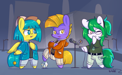 Size: 4670x2852 | Tagged: safe, artist:dsp2003, imported from derpibooru, oc, oc only, oc:burgunzik, oc:ginger ale, oc:shibari, earth pony, pegasus, pony, absurd resolution, bipedal, chibi, clothes, female, glasses, grin, lottery, male, microphone, open mouth, pointy ponies, prank, smiling, style emulation