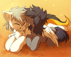 Size: 1000x802 | Tagged: dead source, safe, artist:hioshiru, imported from derpibooru, oc, oc only, oc:kate, oc:kej, pegasus, pony, unicorn, cottagecore, cuddling, cute, daaaaaaaaaaaw, eyes closed, fluffy, grin, hug, k+k, kissing, male, nuzzling, ocbetes, prone, smiling, smooch, snuggling, straight, weapons-grade cute, wing fluff, winghug