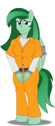 Size: 1085x2500 | Tagged: safe, artist:spellboundcanvas, imported from derpibooru, oc, oc only, oc:eden shallowleaf, anthro, unguligrade anthro, clothes, human facial structure, prison, prison outfit, prisoner, shackles, shirt, simple background, solo, transparent background, undershirt