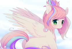 Size: 1996x1360 | Tagged: safe, artist:verawitch, deleted from derpibooru, imported from derpibooru, oc, oc only, oc:sweet skies, pegasus, pony, abstract background, blushing, candy, cloud, colored pupils, ear fluff, female, food, lollipop, looking at you, mare, plot, solo