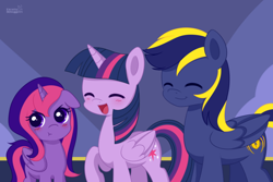 Size: 600x400 | Tagged: safe, artist:exceru-karina, imported from derpibooru, twilight sparkle, oc, oc:violet star, oc:zephyr, alicorn, pony, alicorn oc, blushing, canon x oc, male, offspring, parent:oc:zephyr, parent:twilight sparkle, parents:canon x oc, parents:twiphyr, shipping, straight, trio, twilight sparkle (alicorn), twiphyr