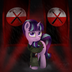 Size: 2240x2250 | Tagged: safe, artist:flufflelord, imported from derpibooru, starlight glimmer, clothes, crossover, equal cutie mark, female, flag, implied hammers, looking at you, military uniform, pink floyd, smiling, solo, starlight himmler, the wall