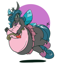 Size: 3972x4474 | Tagged: safe, artist:daikanu, imported from derpibooru, queen chrysalis, anthro, unguligrade anthro, arrow, bbw, belly, big breasts, bow (weapon), bow and arrow, breasts, busty queen chrysalis, cleavage, clothes, cupid, cute, cutealis, fat, female, happy, heart arrow, huge breasts, impossibly large belly, mirror universe, queen chrysalard, reversalis, silly, solo, ssbbw, tutu, weapon