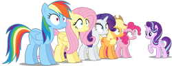 Size: 11432x4404 | Tagged: safe, artist:twls7551, imported from derpibooru, applejack, fluttershy, pinkie pie, rainbow dash, rarity, starlight glimmer, pony, every little thing she does, season 6, absurd resolution, cowboy hat, fiducia compellia, freckles, hat, hypnosis, hypnotized, mind control, raised hoof, show accurate, simple background, stetson, that was fast, transparent background, vector