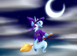 Size: 1777x1279 | Tagged: safe, artist:alazak, imported from derpibooru, trixie, pony, unicorn, broom, cloud, cloudy, crescent moon, female, flying, flying broomstick, hat, looking back, mare, moon, night, night sky, open mouth, sitting, solo, stars, witch, witch hat