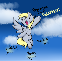 Size: 864x851 | Tagged: safe, artist:alazak, imported from derpibooru, derpy hooves, pegasus, pony, beautiful, blonde, captain obvious, cause i'm a blonde, eyes closed, female, flying, happy, julie brown, mare, singing, solo, song reference