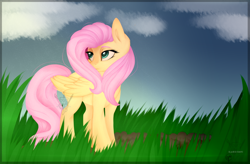 Size: 1024x672 | Tagged: safe, artist:zoviav, deleted from derpibooru, imported from derpibooru, fluttershy, folded wings, lidded eyes, looking away, solo, standing, unamused