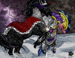 Size: 1023x784 | Tagged: safe, artist:flykatclassic, imported from derpibooru, king sombra, lightning bolt, shining armor, white lightning, horse, the crystal empire, blizzard, fight, lightning, magic, male, realistic, rearing, scene interpretation, snorting, snow, snowfall, stallion