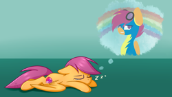 Size: 1024x576 | Tagged: safe, artist:despotshy, imported from derpibooru, scootaloo, clothes, cutie mark, dream, female, sleeping, solo, the cmc's cutie marks, wonderbolts uniform, zzz