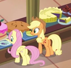 Size: 318x303 | Tagged: safe, imported from derpibooru, screencap, applejack, fluttershy, pony, viva las pegasus, butt, cropped, female, food, mare, pie, plot