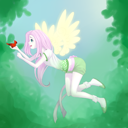 Size: 3000x3000 | Tagged: safe, artist:hikarie-katsura, imported from derpibooru, fluttershy, bird, human, clothes, female, flying, humanized, shorts, solo, t-shirt, winged humanization
