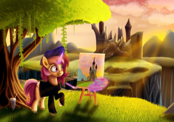 Size: 2000x1400 | Tagged: safe, artist:misiekpl, imported from derpibooru, oc, oc only, oc:lannie lona, unicorn, artistic freedom, beatnik, beret, canvas, castle of the royal pony sisters, clothes, glass, glasses, horn, magic, milkshake, paintbrush, painting, plein air, raised hoof, rock, scenery, signature, solo, straw, sunlight, sunset, sweater, tree, turtleneck, unicorn oc