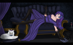 Size: 2556x1585 | Tagged: safe, artist:dezdark, imported from derpibooru, opalescence, rarity, human, clothes, couch, female, humanized, missing shoes, solo, stockings