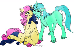 Size: 1164x743 | Tagged: safe, artist:chaoslynx1989, artist:cigarscigarettes, imported from derpibooru, bon bon, lyra heartstrings, sweetie drops, earth pony, pony, unicorn, chest fluff, cloven hooves, colored, female, kissing, lesbian, lyrabon, mare, missing cutie mark, shipping, unshorn fetlocks